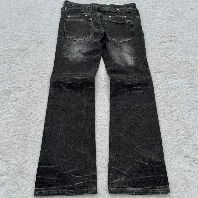 Women's Gothic Washed Flared Double Waisted Lace Up Jeans