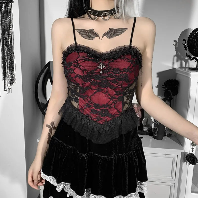 Goth Cross Print Lace Bodycon Crop Tops Y2K