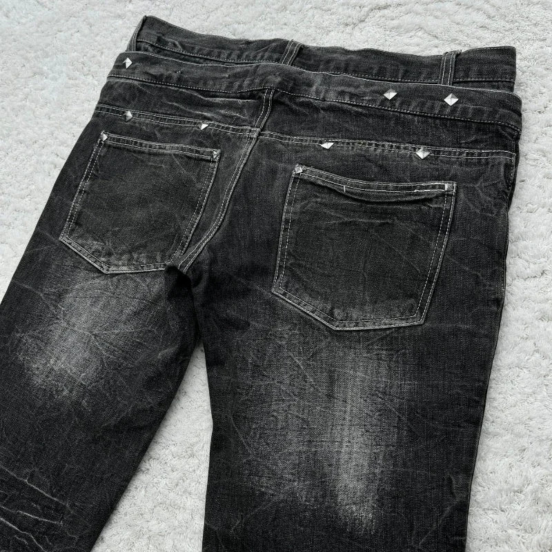 Women's Gothic Washed Flared Double Waisted Lace Up Jeans