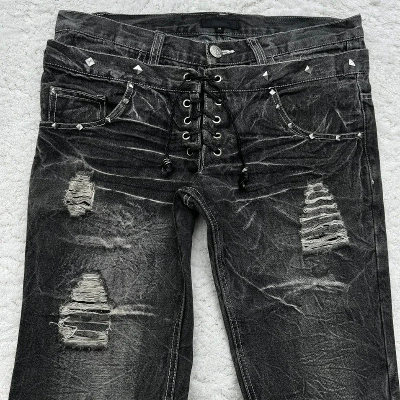 Women's Gothic Washed Flared Double Waisted Lace Up Jeans