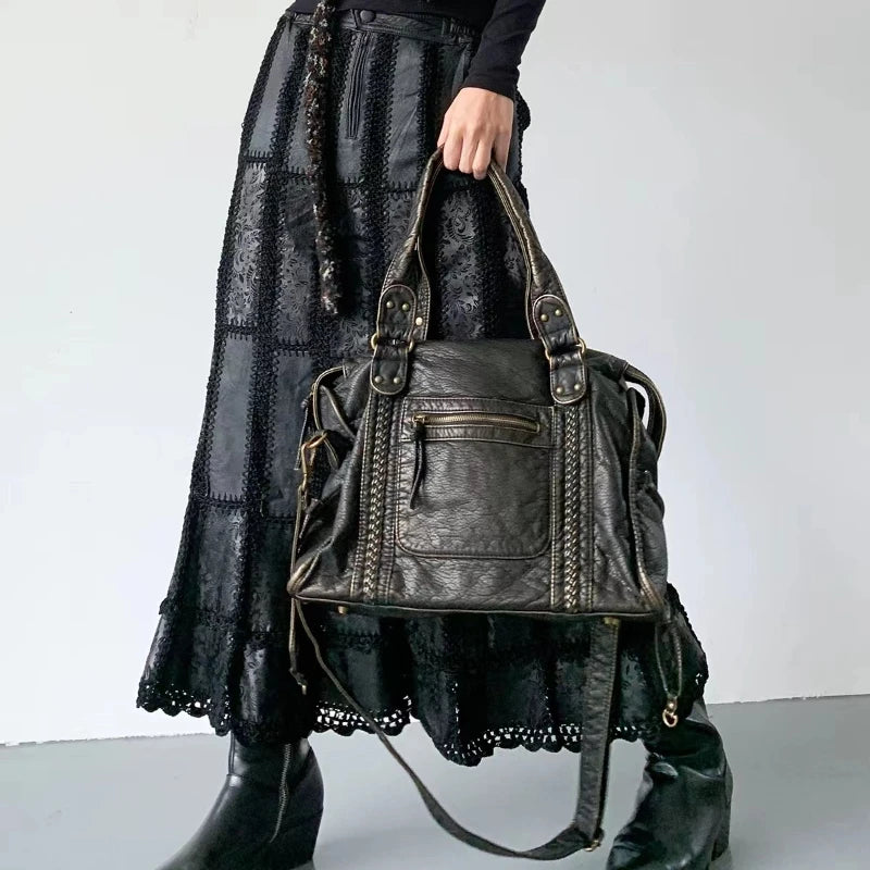 Women's Vintage Washed Leather One-Shoulder Bag