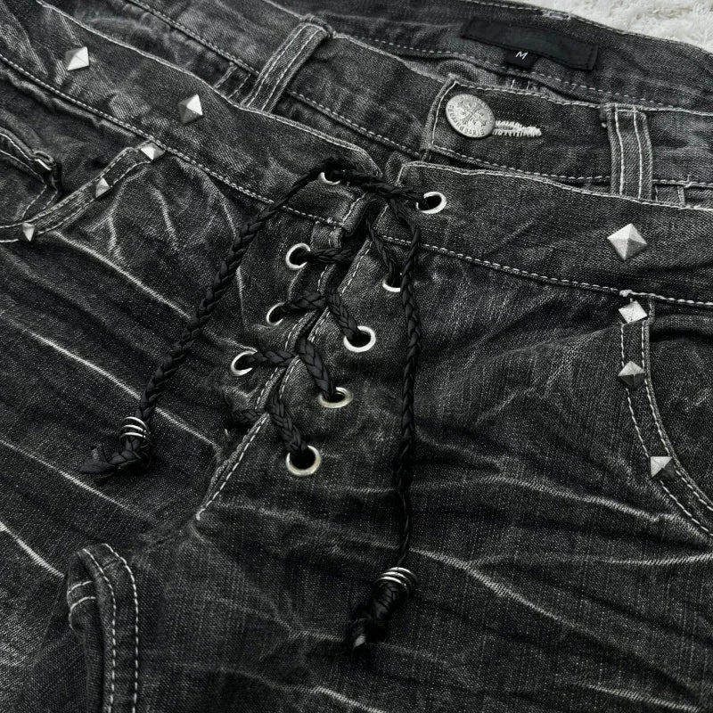 Women's Gothic Washed Flared Double Waisted Lace Up Jeans