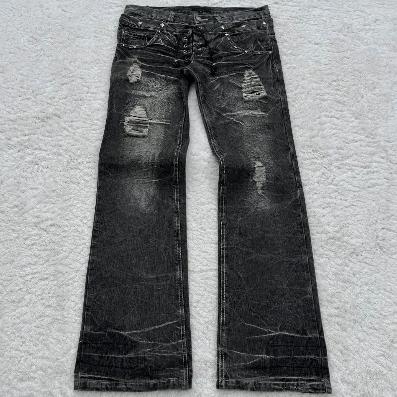 Women's Gothic Washed Flared Double Waisted Lace Up Jeans