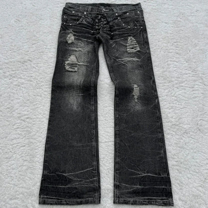 Women's Gothic Washed Flared Double Waisted Lace Up Jeans