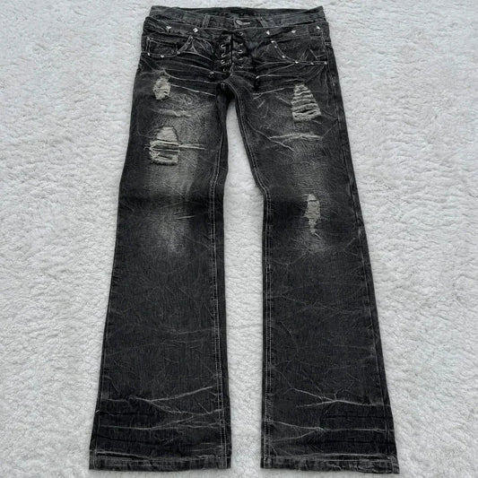 Women's Gothic Washed Flared Double Waisted Lace Up Jeans