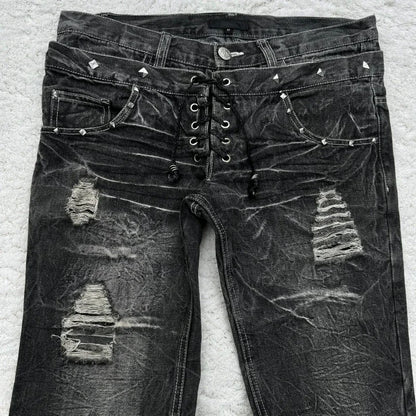 Women's Gothic Washed Flared Double Waisted Lace Up Jeans