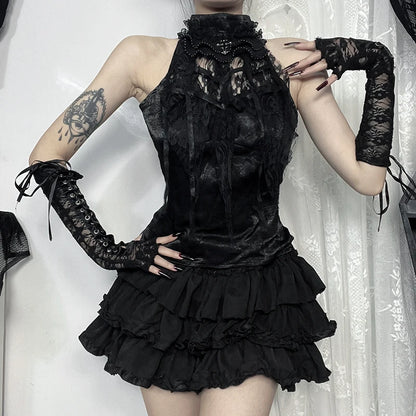 Goth Cross Print Lace Bodycon Crop Tops Y2K