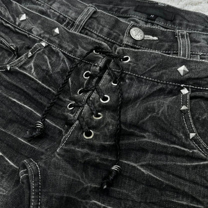 Women's Gothic Washed Flared Double Waisted Lace Up Jeans